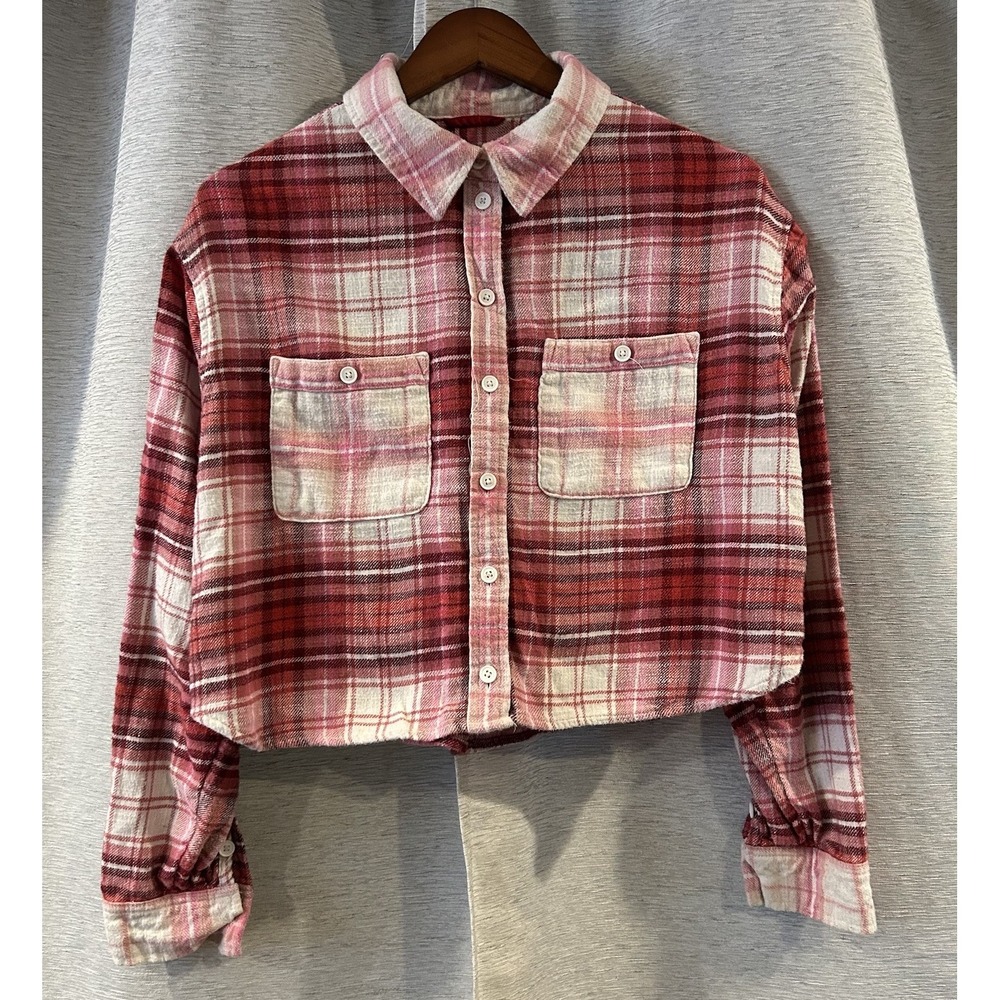 American Eagle Outfitters Cropped Flannel Plaid Shirt Women's Size Small